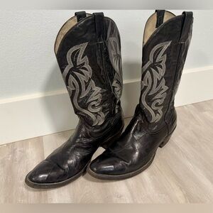 Cowtown Vibram Sole Leather Cowboy Classic Black White Thread Cowboy Boots 12